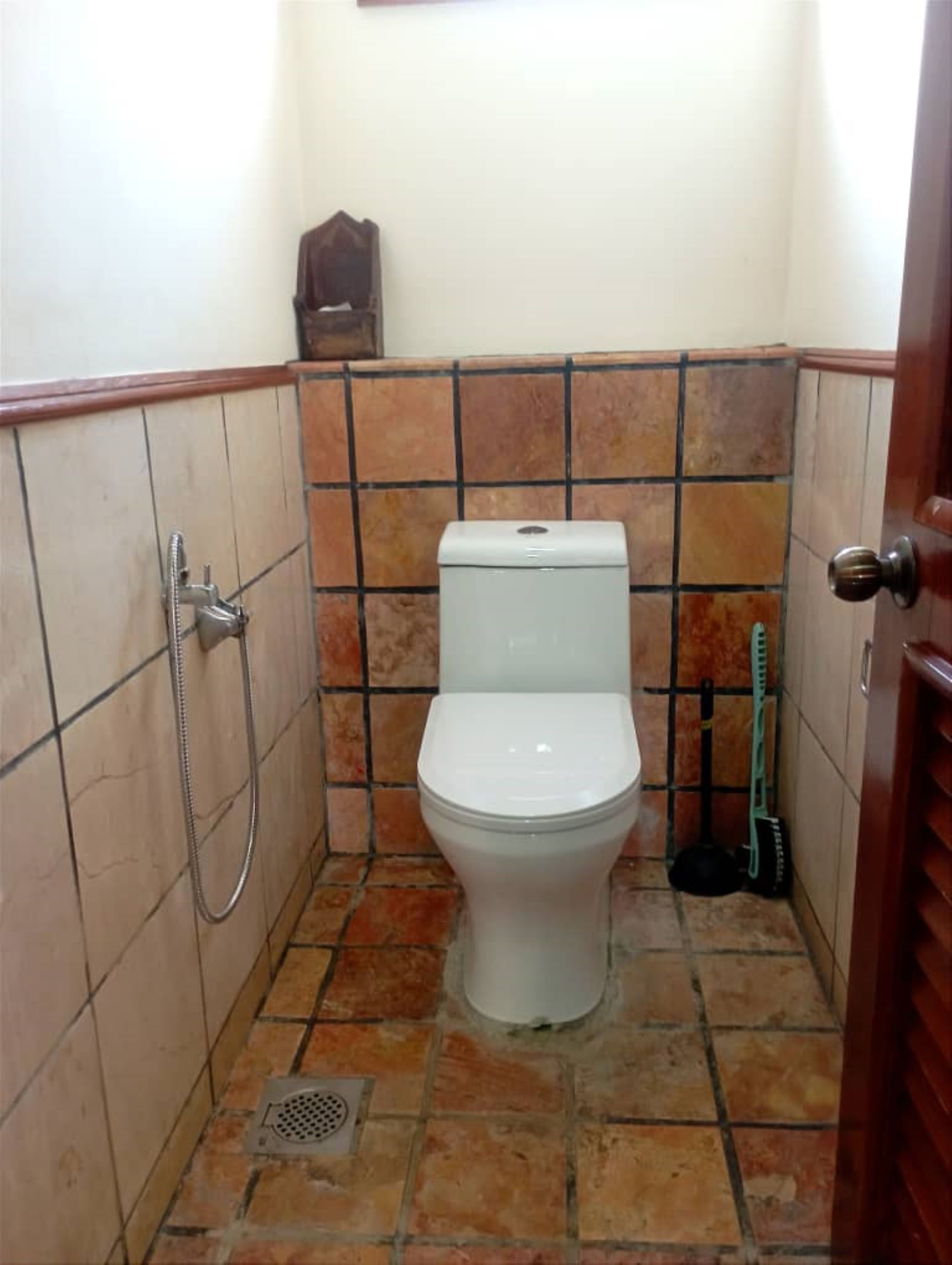 A small bathroom with a toilet, a shower, and a broom.