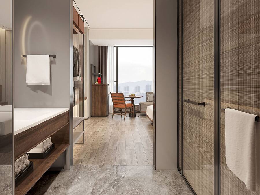 Secador de cabelo, chinelos, toalhas de banho, sabonete