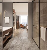 Hair dryer, slippers, towels, soap