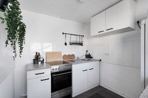 Une cuisine moderne avec des meubles blancs, une cuisinière en acier inoxydable, un évier et une plante suspendue.