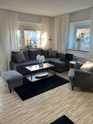 En moderne stue med en grå sofa, et glasbord og en sort måtte.