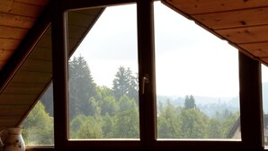 Una habitación con un ventanal grande, techo de madera y vistas a un área boscosa.