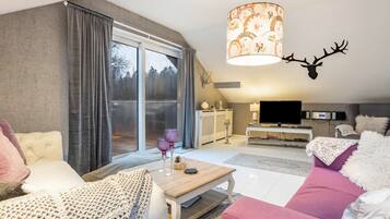 Una televisión, una chimenea, un reproductor de DVD