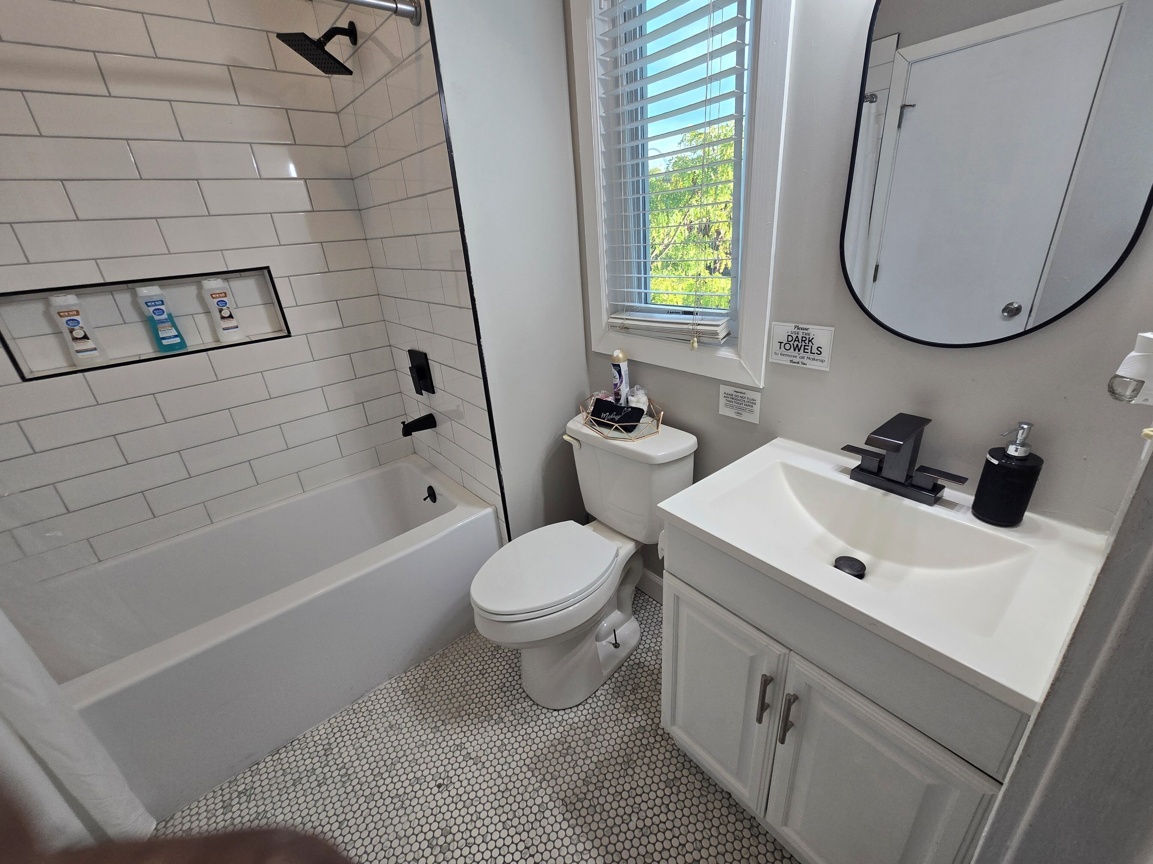 Hair dryer, towels, soap, shampoo