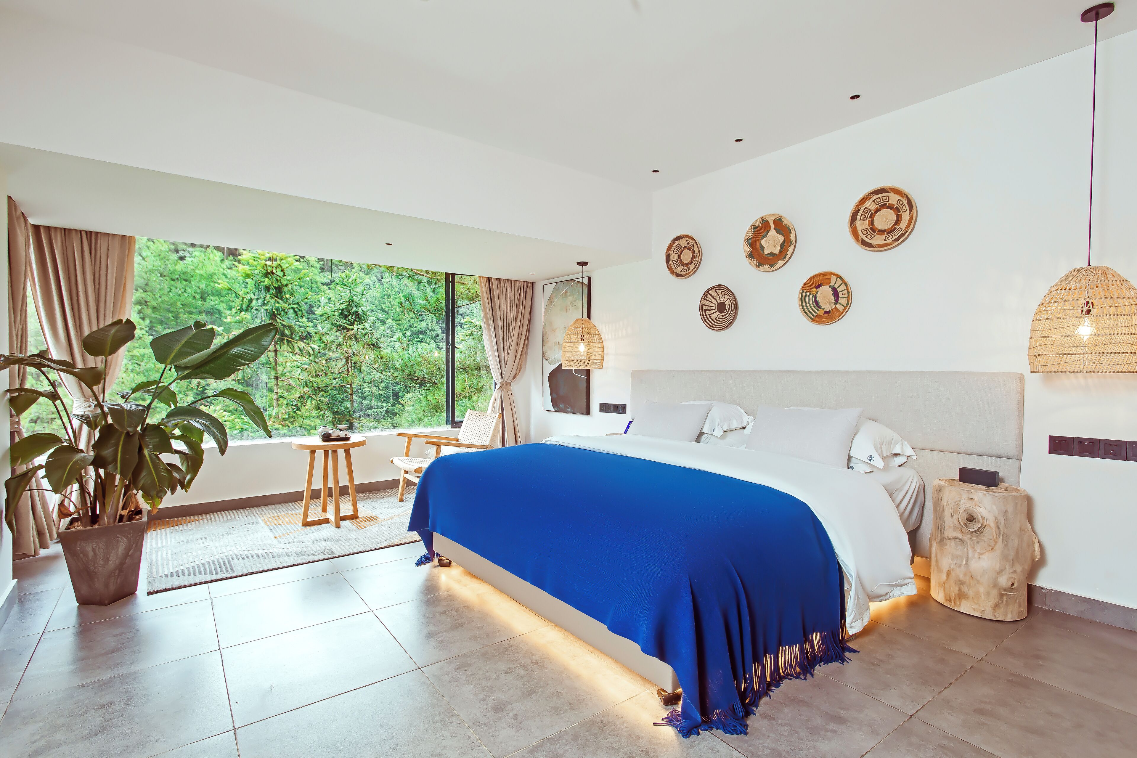 A modern bedroom with a large bed, a view of greenery outside, and decorative wall plates.