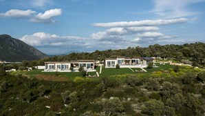 En modern villa med en stor gräsmatta, flera rum och utsikt över den omgivande skogen och bergen.