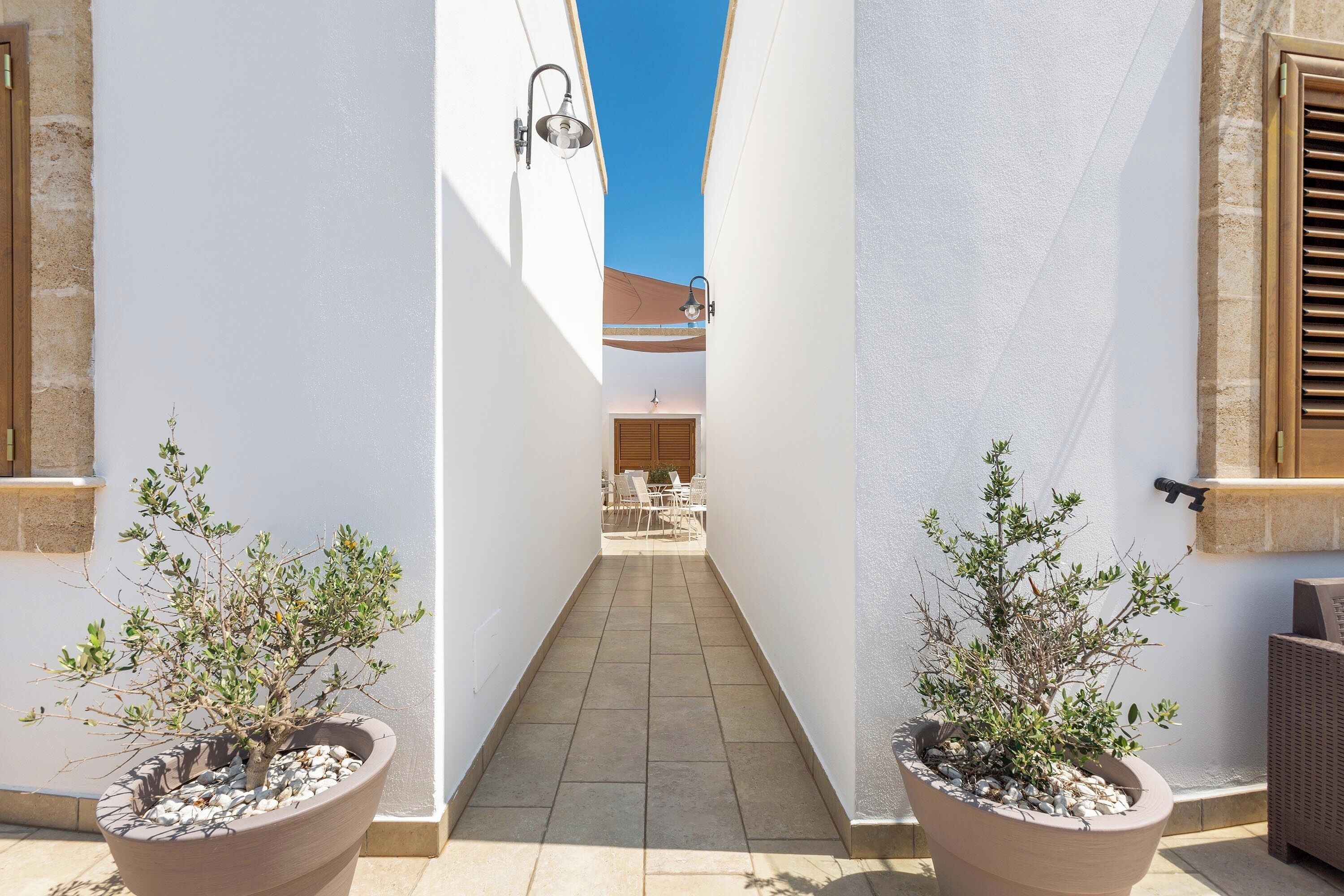 Une ruelle étroite, bordée de chaque côté de pots de plantes, qui mène à un patio aménagé avec du mobilier d’extérieur.