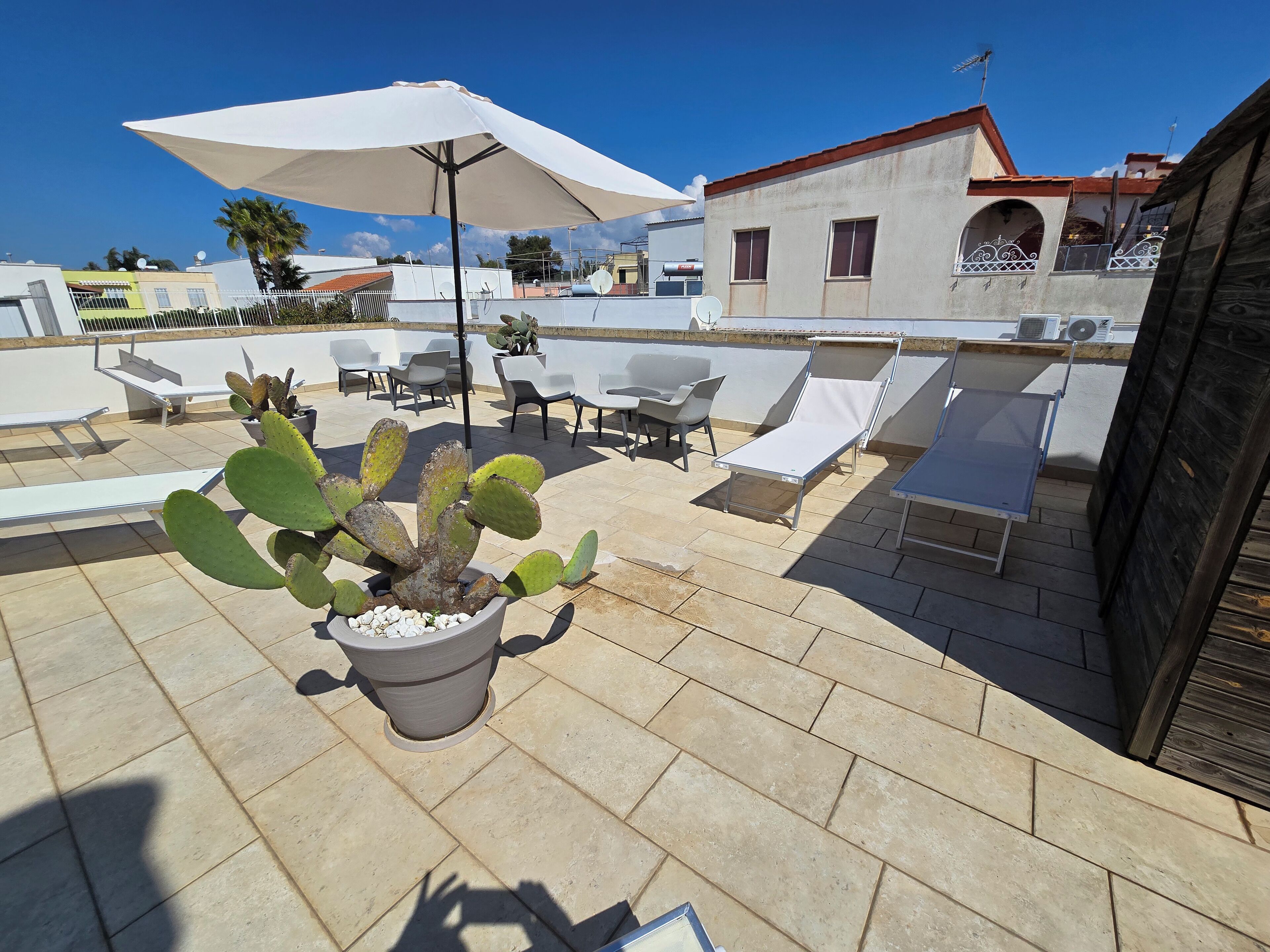 A rooftop terrace with lounge chairs, a cactus plant, and a large umbrella.