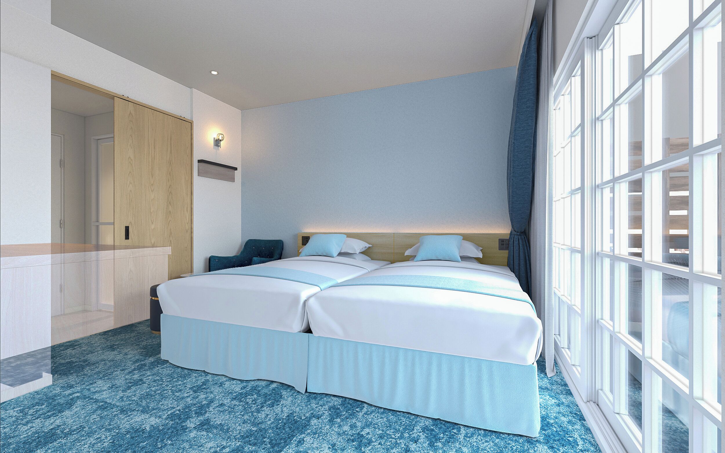 Une chambre d’hôtel avec une grande fenêtre, un lit avec deux oreillers, une table de chevet et une armoire en bois.