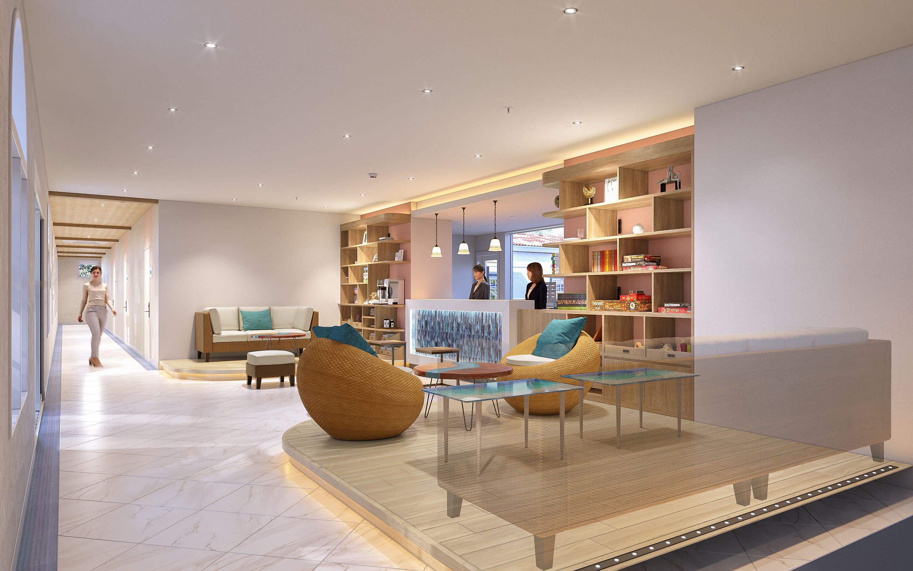 A modern hotel lobby with a central seating area, a reception desk, and a bookshelf filled with books.