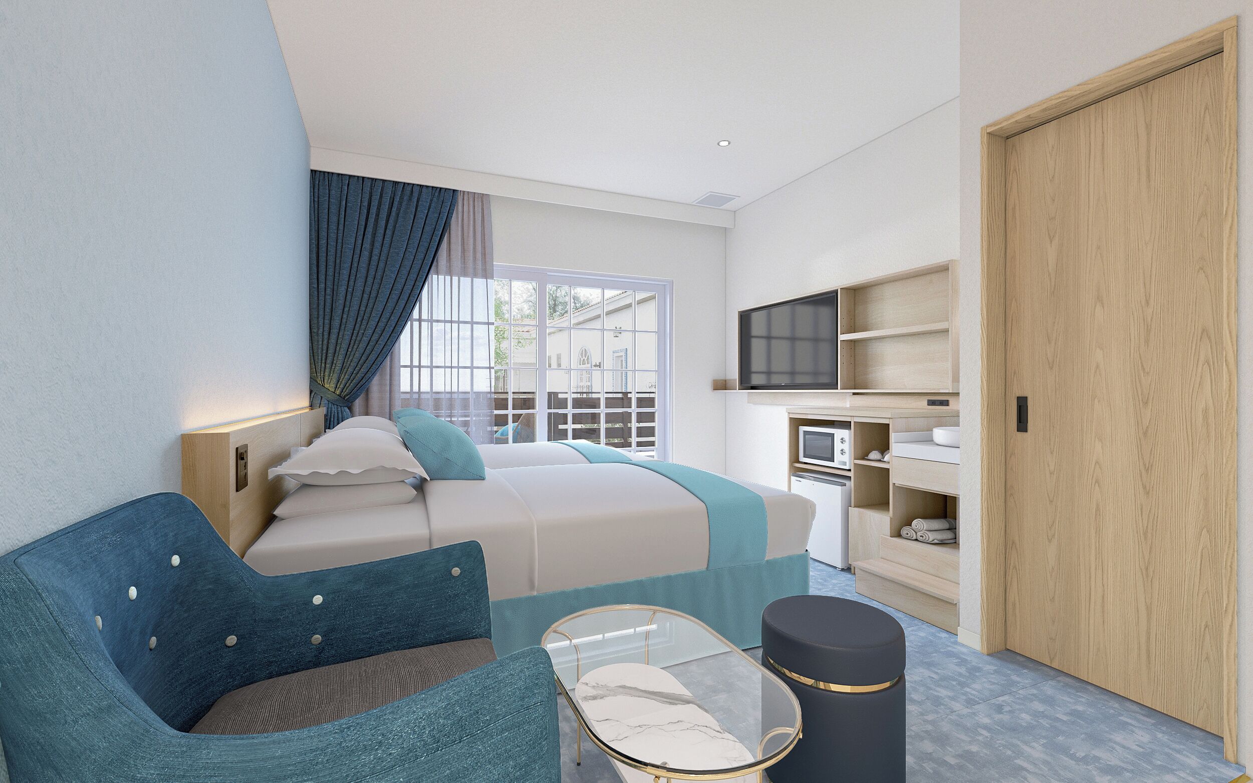 Une chambre d’hôtel moderne équipée d’un lit, d’un canapé, d’une table basse en verre, d’une télévision et d’une kitchenette.