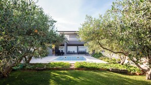 A modern house with a swimming pool, surrounded by olive trees and a well-maintained lawn. - Beachfront Villa Mihovil With Direct Beach Access (Kastela)