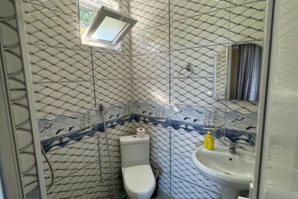 Shower, hair dryer, towels, toilet paper