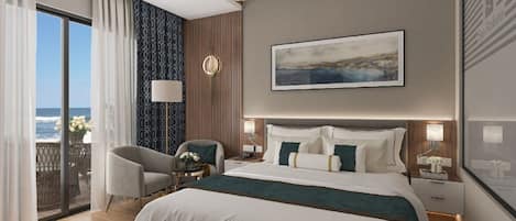 A modern hotel room with a large bed, a view of the ocean, a balcony, and a dining area.