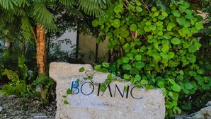 A stone sign with the word "BOTANIC" and the name "by endemica" in a garden setting. - Esencia Botanic Piscina Privada  (Tulum)