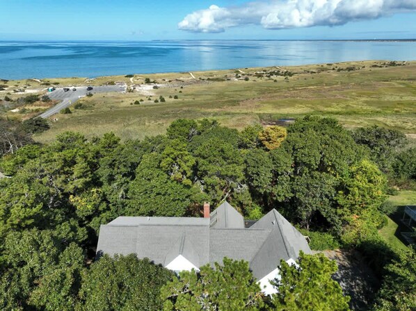 Aerial view - Walk to beach, Secluded and private home and backyard! (Brewster)