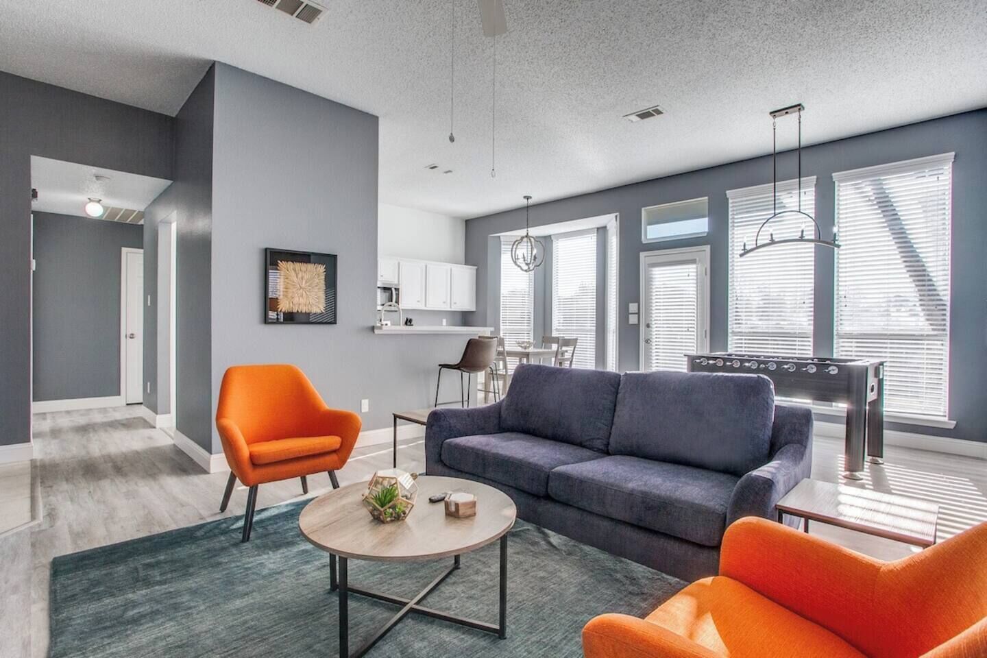 Smart TV, fireplace, foosball