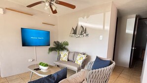 Una sala de estar con una televisión de pantalla plana, sillas de mimbre, un sofá y una mesita con una planta.