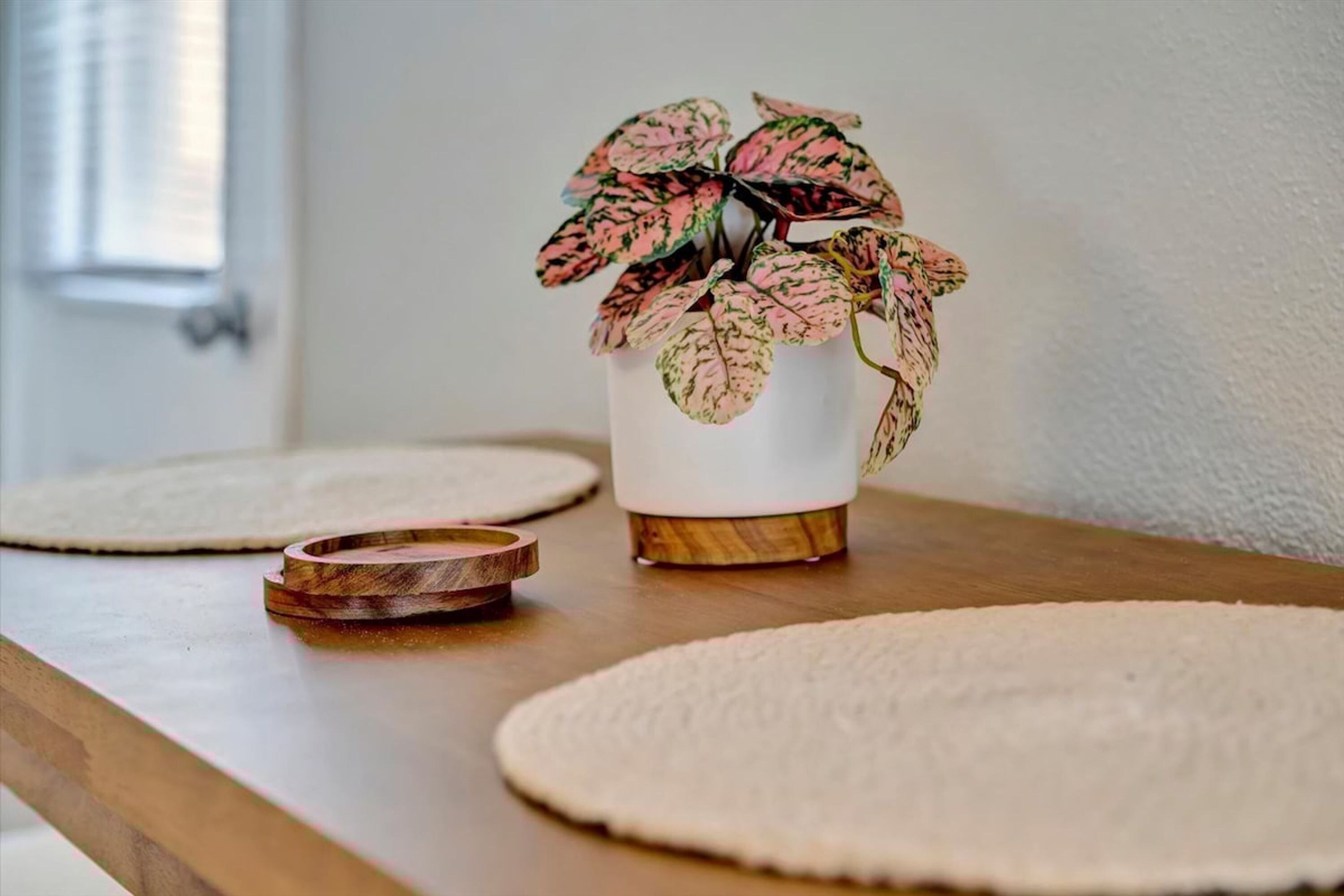 A wooden table with a potted plant and coasters.
