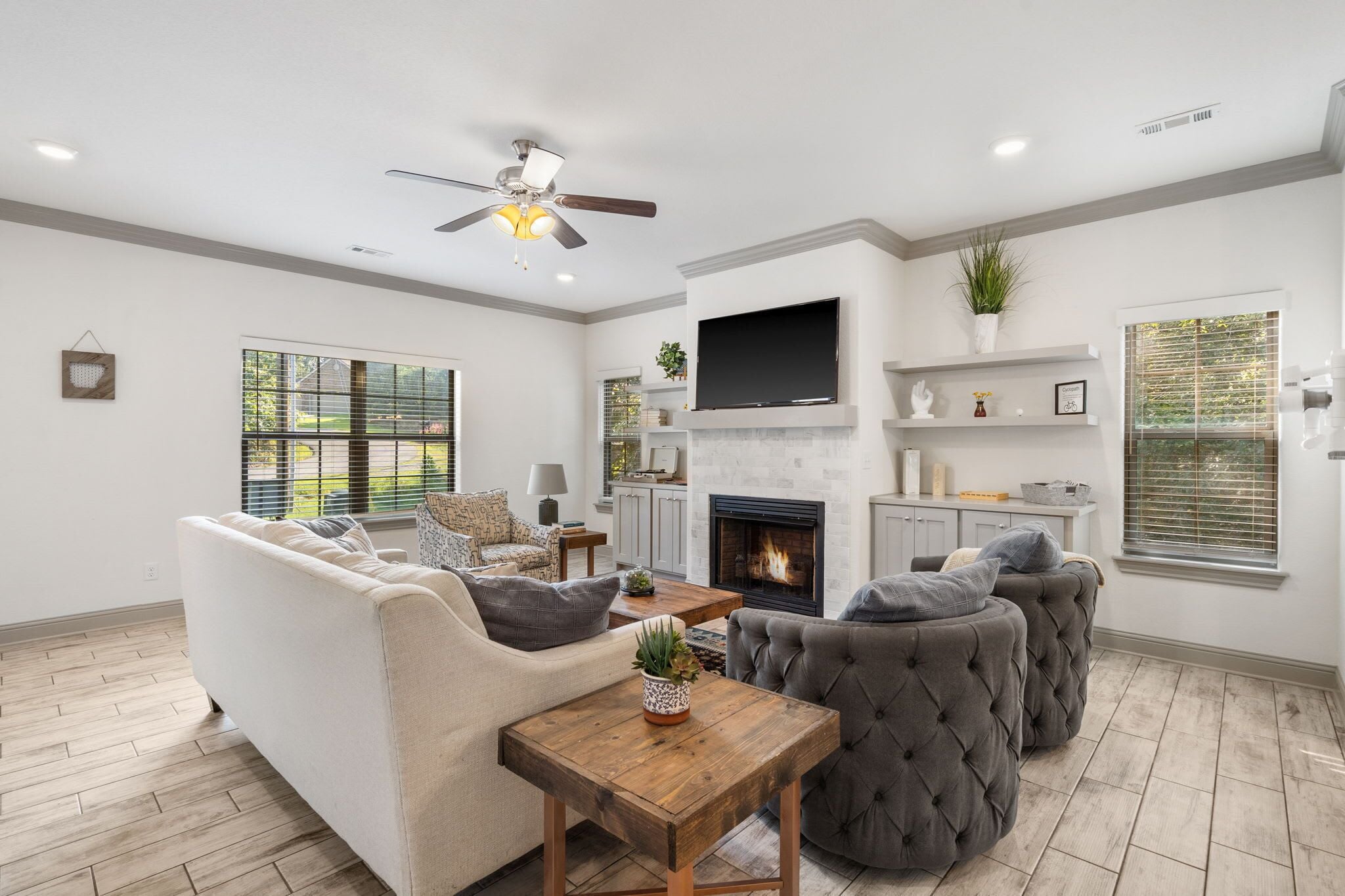 TV, fireplace, foosball, offices