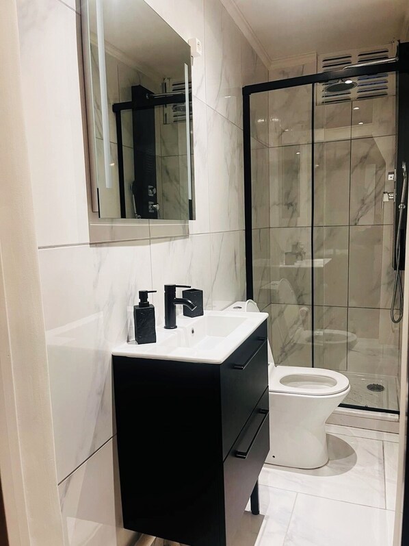 Sèche-cheveux, serviettes fournies, savon, papier toilette