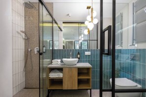 A modern bathroom with a glass shower enclosure, a sink with a vessel basin, and a toilet.