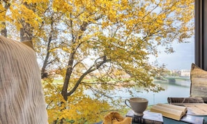 A room with a view of a river, a window, and a table with books and a cup.