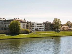 A river with buildings on the opposite bank, a tree, and a grassy area.