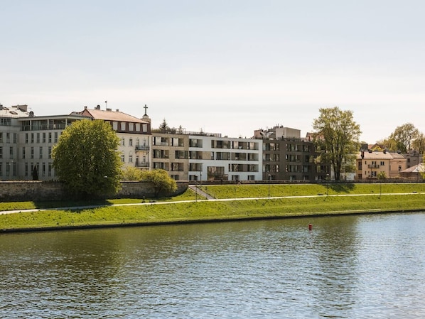 A river with buildings on the opposite bank, a tree, and a grassy area.