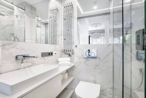 Hair dryer, towels, soap