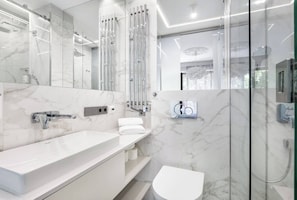 Hair dryer, towels, soap