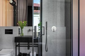 Hair dryer, towels, soap