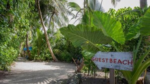 A sign labeled "GUESTBEACH" in a tropical setting with dense foliage and palm trees. - HI HEAVEN MALDIVES (Thoddoo)