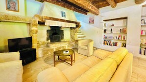 A cozy living room with a stone fireplace, a sofa, a television, and a bookshelf. - Le Moun Mazet 3-star self-catering accomodation, CLIM, Calm, Nature, 6 people, Provence (Miramas)