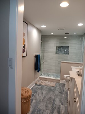 Douche, séchoir à cheveux, bidet, serviettes fournies