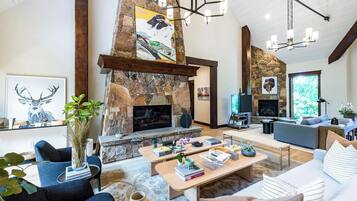 Télévision, cheminée, lecteur de DVD, table de tennis de table