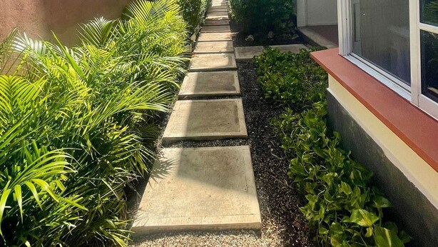 A narrow pathway flanked by lush greenery and a building with a white facade and a garage door. - "Suites Lorens: Relax Just Steps from the Turquoise Sea" (Isla Mujeres)
