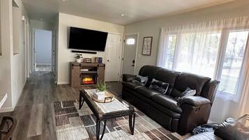 Smart TV, fireplace, video games, video library