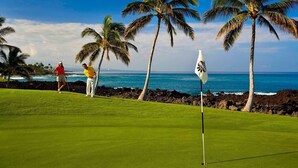 Un parcours de golf avec un mât de drapeau, des palmiers et une vue sur l’océan.