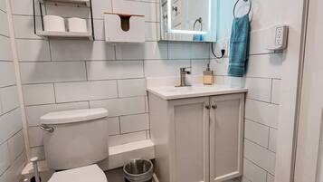 Hair dryer, towels, soap, shampoo