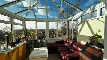 Älytelevisio, takka, kirjoja, musiikkikirjasto