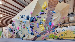 Un mur d’escalade intérieur doté de prises de différentes couleurs et d’une structure en bois.