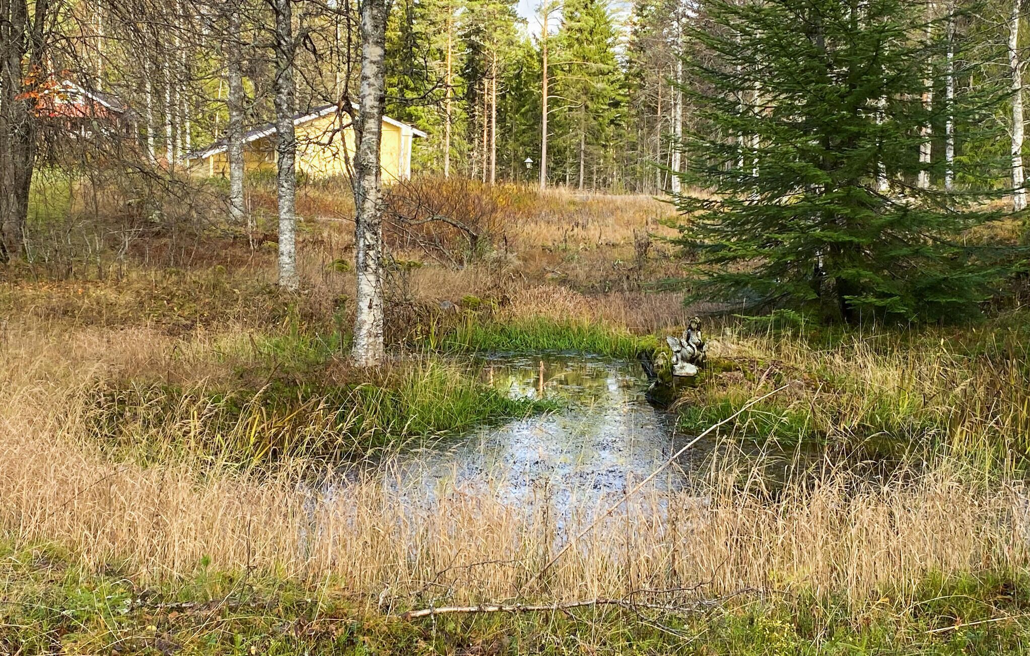 A forested area with a small stream, a wooden cabin, and a statue.