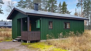 Eine kleine, grüne Holzhütte mit Metall-Dach, einer Veranda und zwei Fenstern.