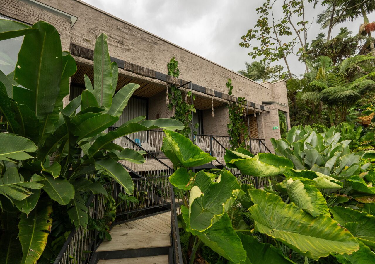 Un bâtiment à la façade en briques, doté d’une terrasse en bois et agrémenté d’une végétation tropicale luxuriante.