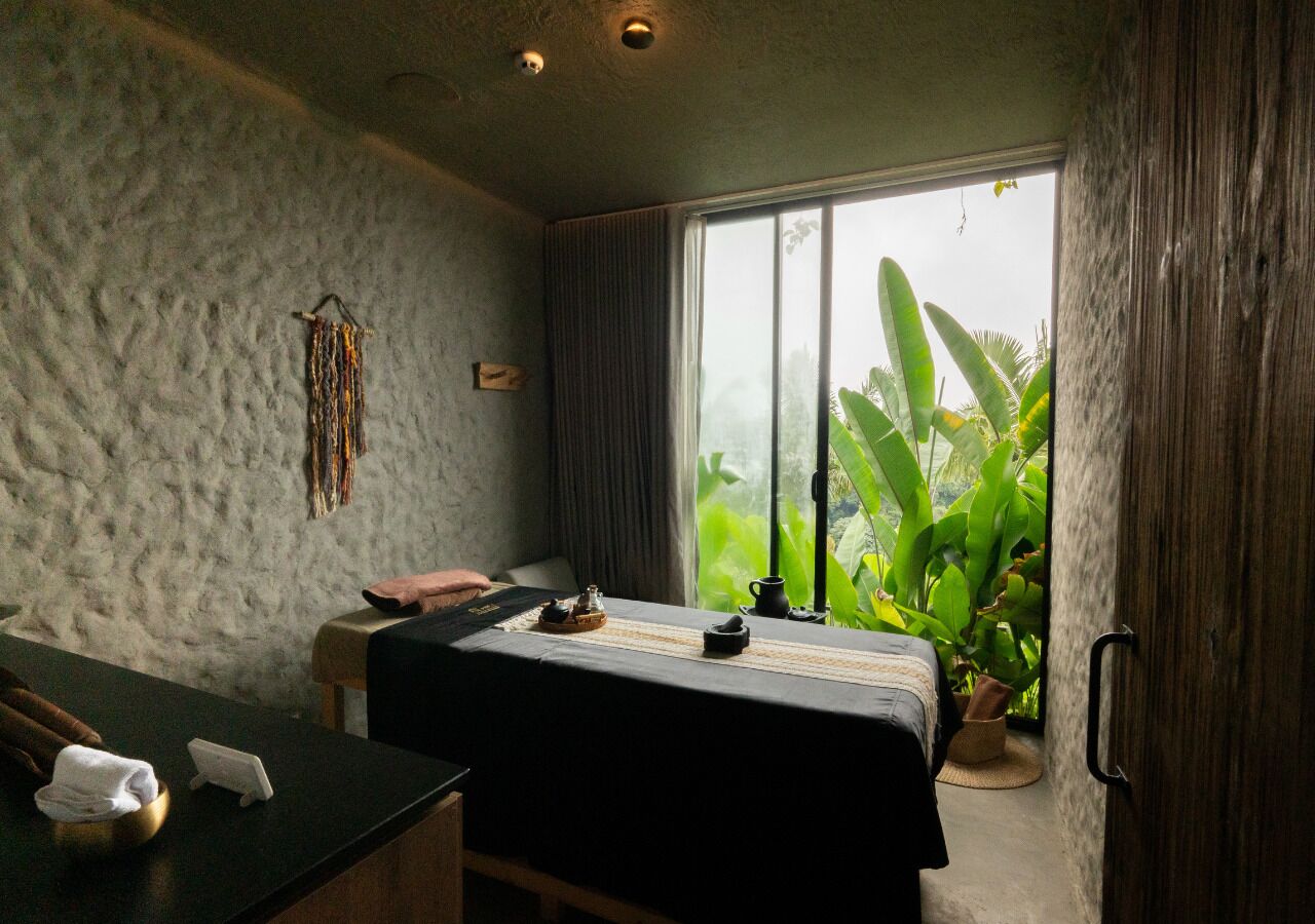 A room with a bed, a small table with a kettle, a plant, and a window with a view of greenery.