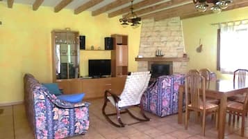 Een televisie, een open haard, een dvd-speler en een tafeltennistafel