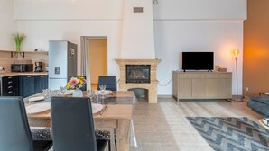A modern living room with a fireplace, a dining area, a kitchen, and a TV.
