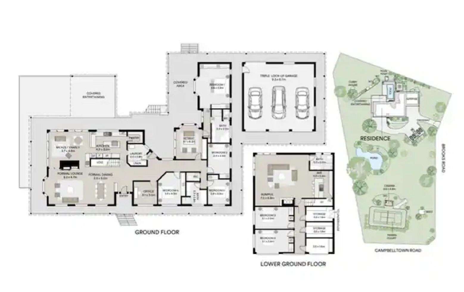 A hotel layout with multiple floors, including a ground floor, lower ground floor, and upper floor. It features a covered area, a formal dining room, a lounge, and a residence area.