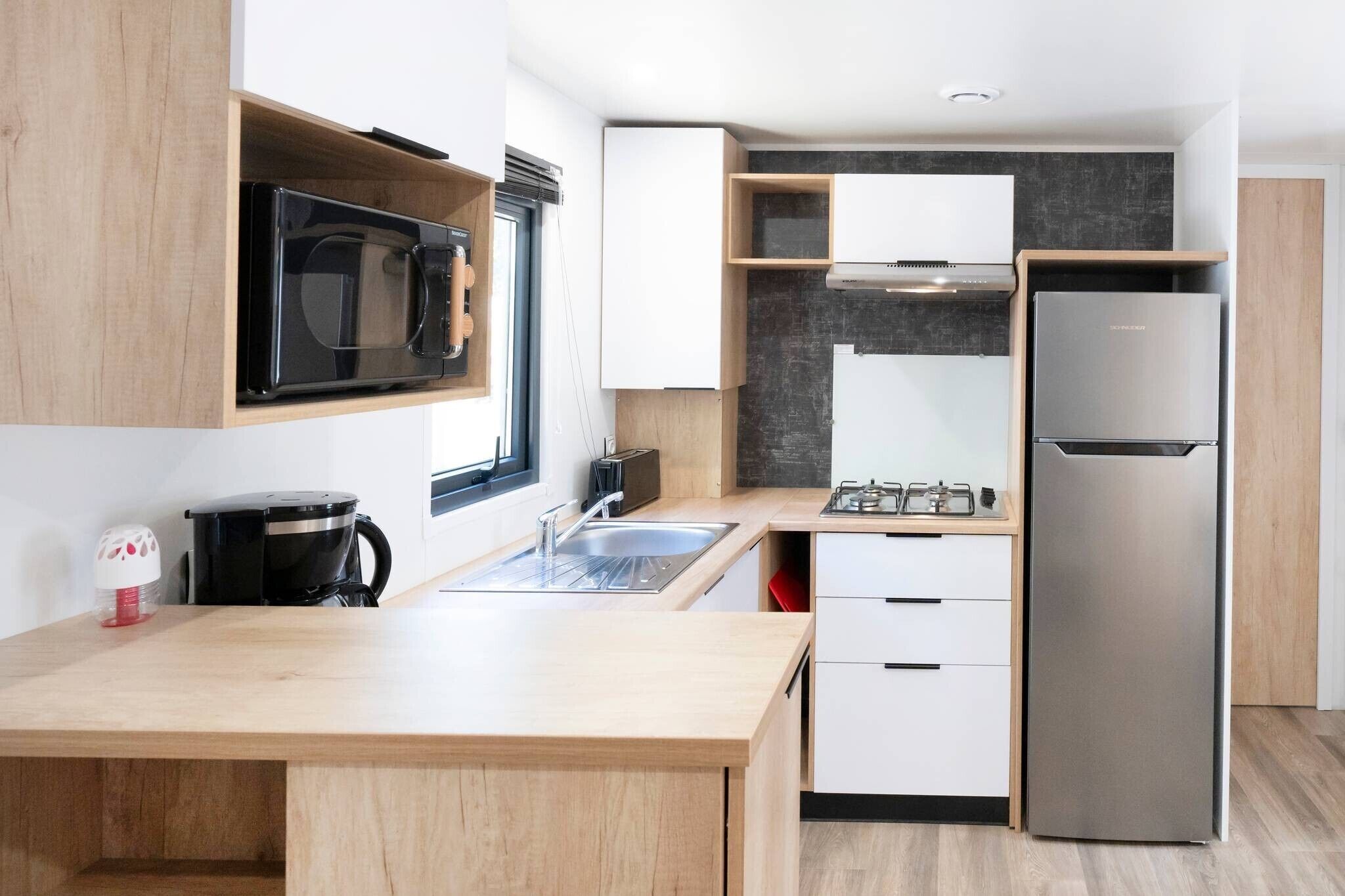 Fridge, microwave, stovetop, coffee/tea maker